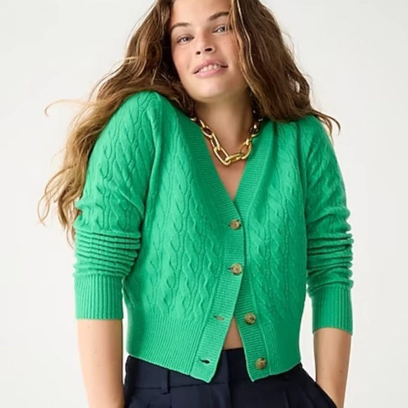 J. Crew Cashmere Shrunken Cable-Knit V-Neck Sweater Cardigan in Vintage Kelly L - Picture 1 of 15